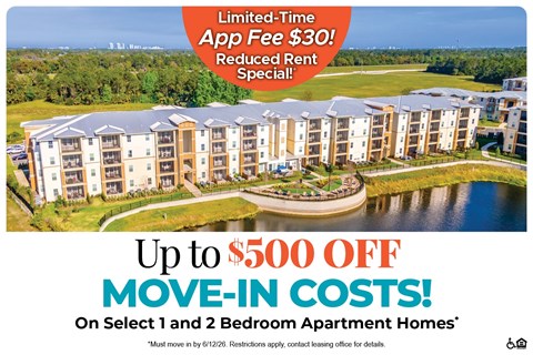 An advertisement for a limited-time app fee reduction and move-in cost discount for apartment homes.