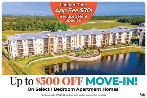 An advertisement for a limited-time app fee reduction and move-in special for select 1 bedroom apartment homes.