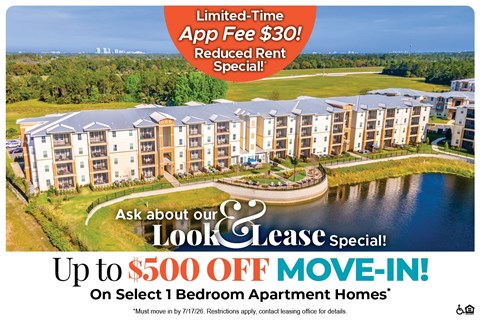 An advertisement for a limited-time app fee reduction and move-in special for select 1 bedroom apartment homes.