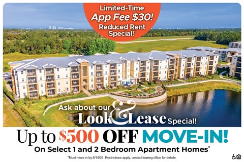 An advertisement for a limited-time app fee reduction and move-in special for apartment homes.