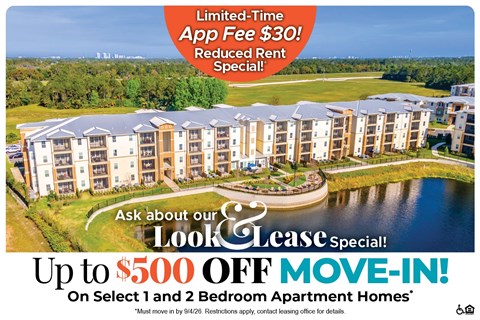 An advertisement for a limited-time app fee reduction and move-in special for apartment homes.
