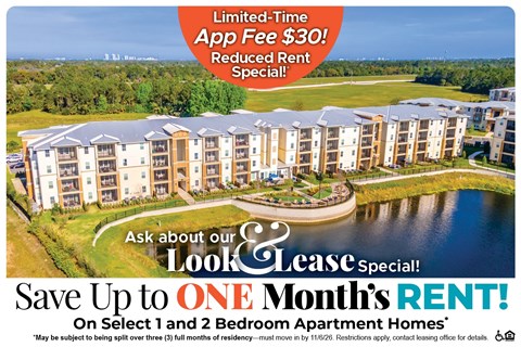 Save Up to One Month's Rent on Select 1 and 2 Bedroom Apartment Homes* Ask About our Look and Lease Special!