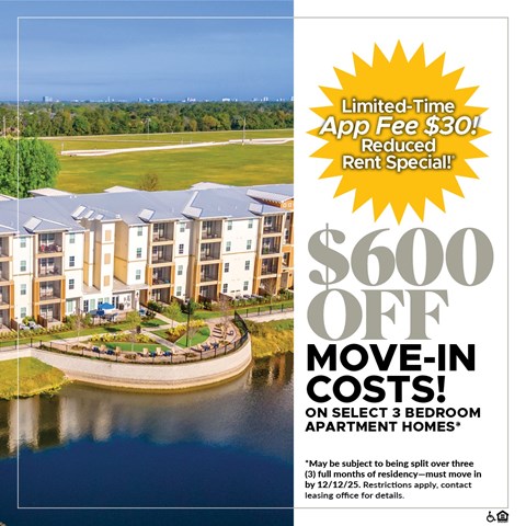 A promotional image for a $600 off move-in costs deal on select 3 bedroom apartment homes.