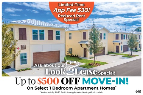 A housing advertisement offering a $500 off move-in special for select 1 bedroom apartment homes.