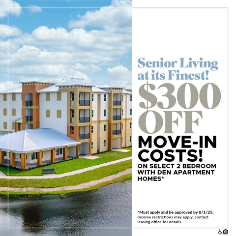 A promotional image for senior living with a $300 off move-in cost offer.