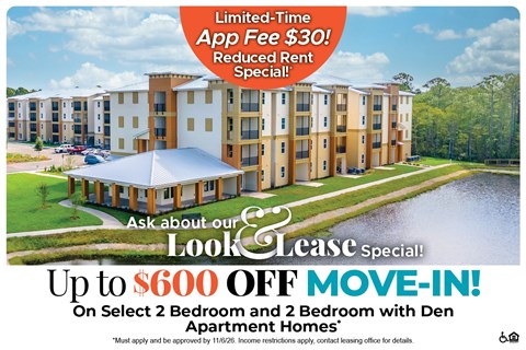 Up to $600 Off Move-In Costs on Select 2 Bedroom and 2 Bedroom with Den Apartment Homes* Ask About our Look and Lease Special!