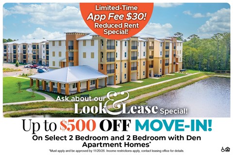 Up to $500 Off Move-In Costs on Select 2 Bedroom and 2 Bedroom with Den Apartment Homes* Ask About our Look and Lease Special!
