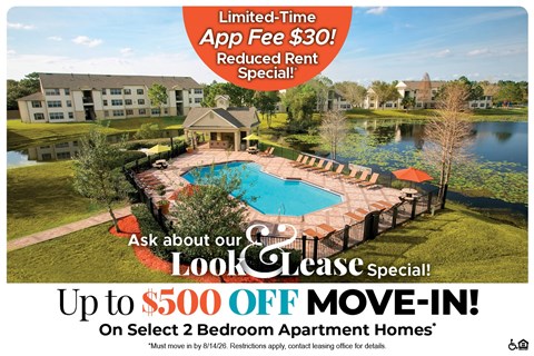 A promotional image for a lease special offering up to $500 off on select 2 bedroom apartment homes.
