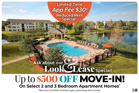 A promotional image for a lease special offering up to $500 off on select 2 and 3 bedroom apartment homes.