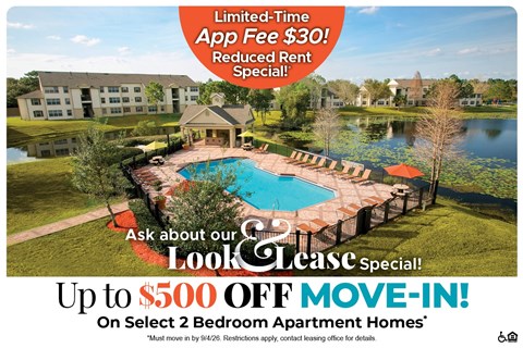 A promotional image for a leasing special offering up to $500 off on select 2 bedroom apartment homes.