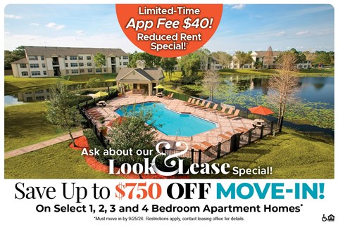 A promotional image for a lease special offering up to $750 off on select bedroom apartment homes.