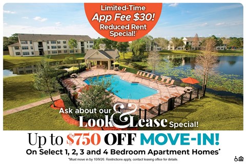A promotional image for a lease special offering up to $750 off on select apartment homes.