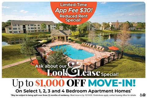 Up $1,000 Off Move-In Costs on Select 1, 2, 3 and 4 Bedroom Apartment Homes* Ask About our Look and Lease Special!