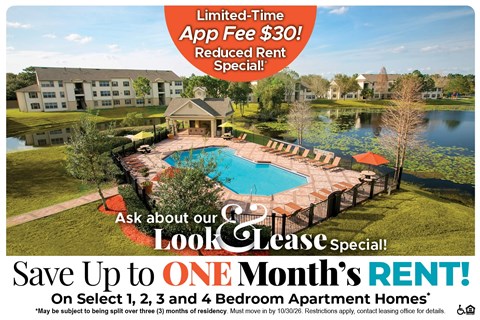 Save Up to One Month's Rent on Select 1, 2, 3 and 4 Bedroom Apartment Homes* Ask About our Look and Lease Special!