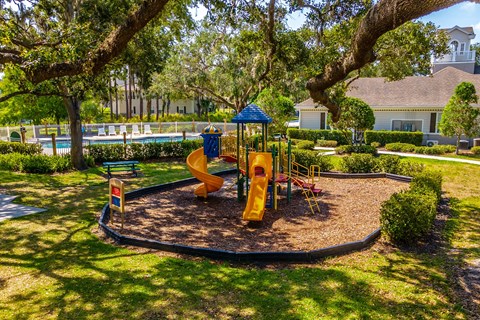 a playground with a slide and monkey bars in the middle of a grassy area with trees