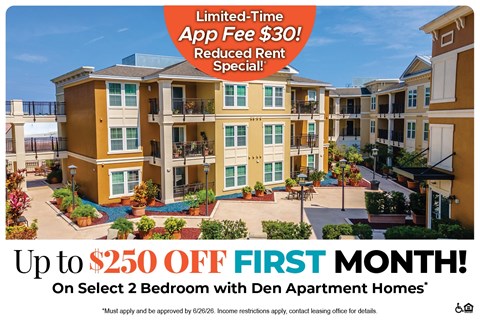 An advertisement for Den Apartment Homes offering a $250 discount on select 2 bedroom apartments.