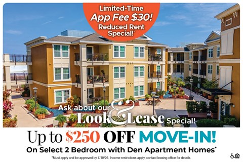 An advertisement for a limited-time app fee reduction and move-in special for Den Apartment Homes.
