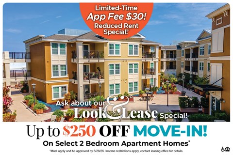 An advertisement for a limited-time app fee reduction and move-in special for apartment homes.