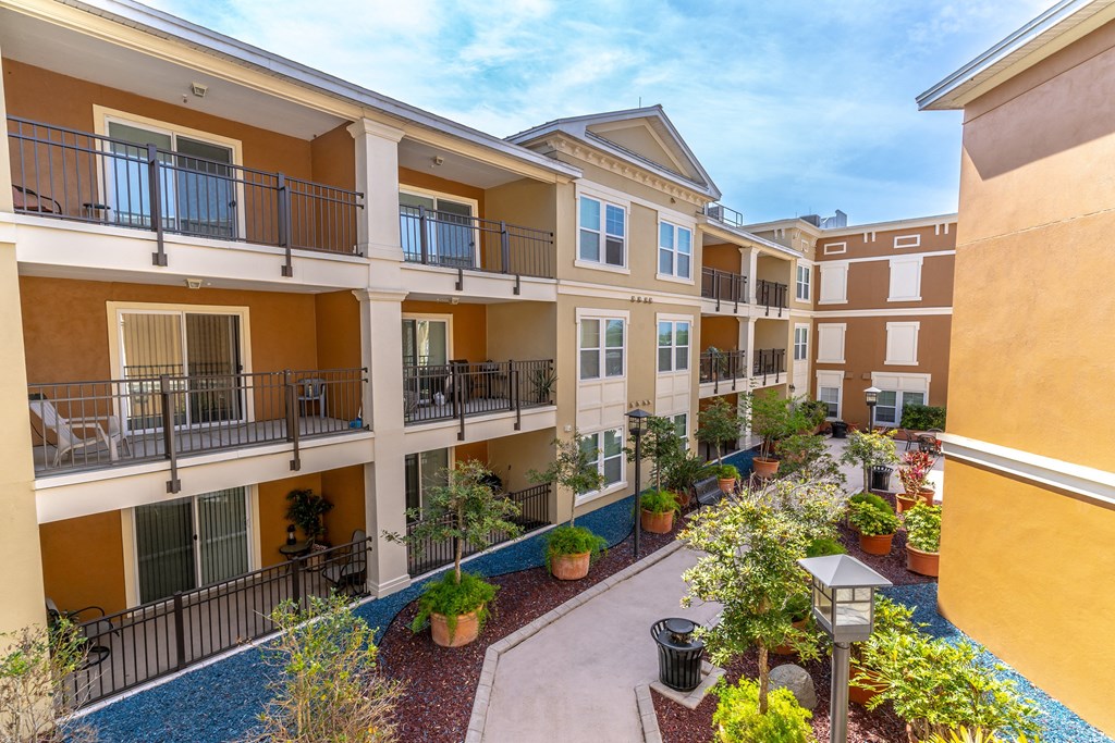 a courtyard with potted plants and potted trees in front of an apartment building