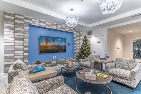 a living room with couches and a christmas tree