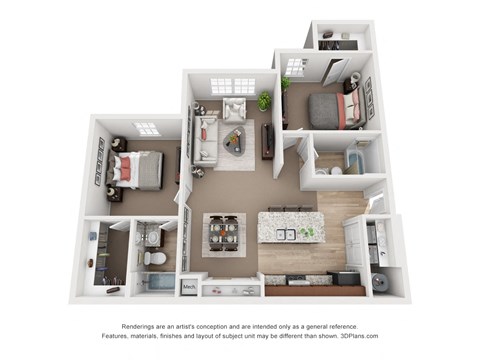 A 3D floor plan of a small apartment with a kitchen, living room, and bedrooms.