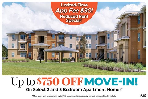 A promotional image for apartment homes with a limited-time app fee discount and a move-in special.