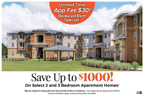 Apartment complex advertisement offering a limited-time app fee discount and potential savings on select 2 and 3 bedroom apartments.