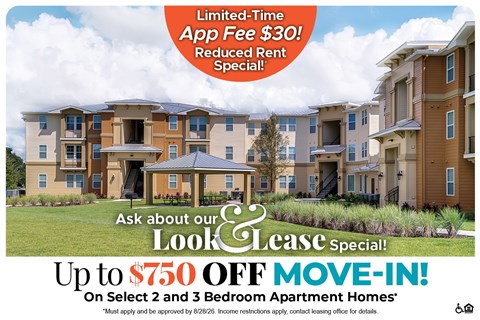 A housing advertisement offering a $750 off move-in special for select 2 and 3 bedroom apartment homes.