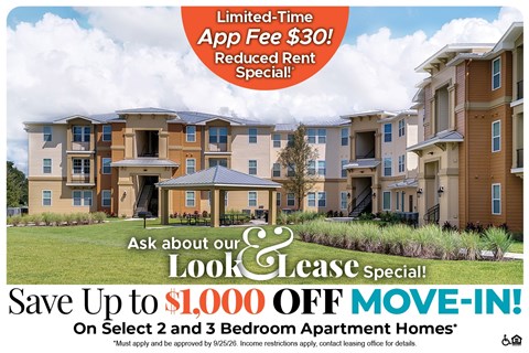 A promotional image for a limited-time app fee special offering up to $1,000 off on select 2 and 3 bedroom apartment homes.