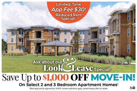 A promotional image for a lease special offering up to $1,000 off on select 2 and 3 bedroom apartment homes.