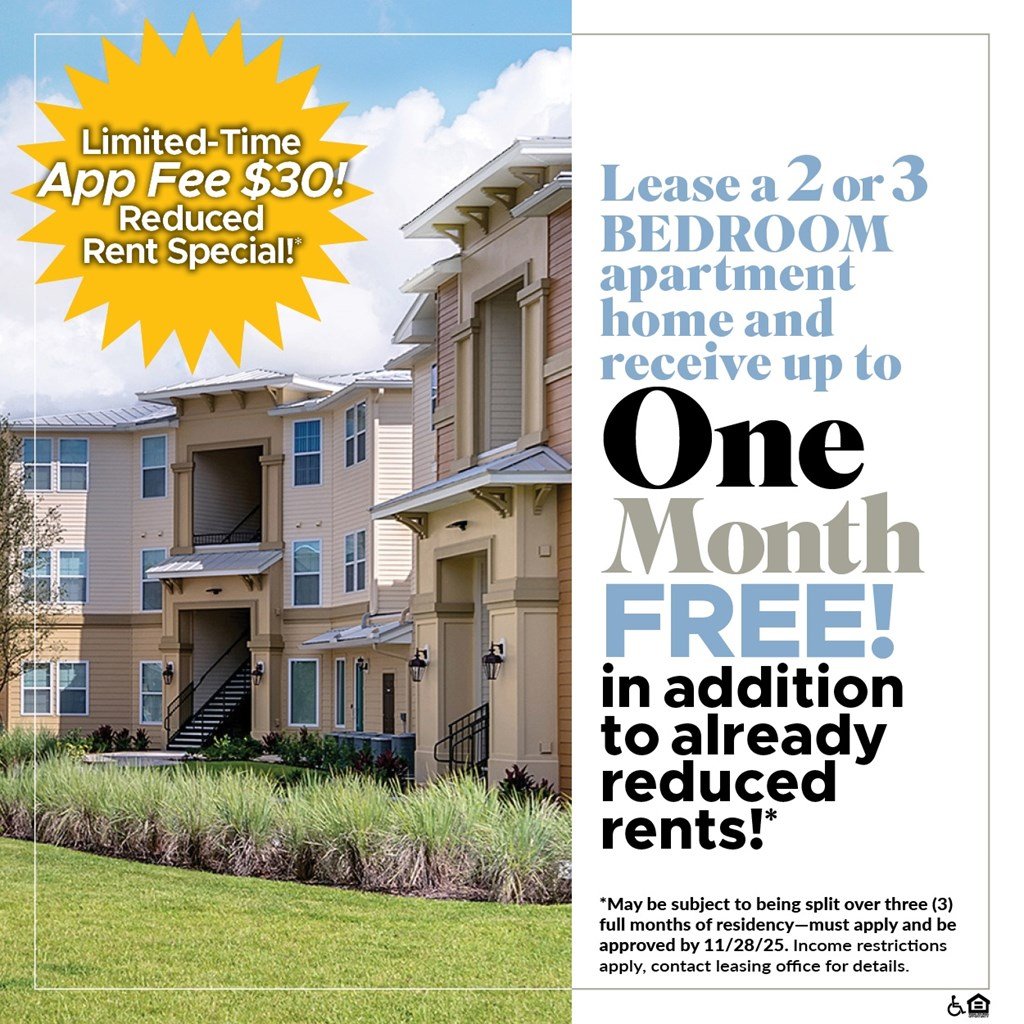 Lease a 2 or 3 Bedroom Apartment Home and Receive Up to One Month FREE!* For a Limited Time, App Fee is only $30!