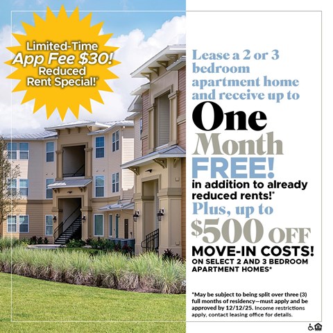 An advertisement for a leasing offer on apartment homes, including a limited-time app fee reduction and additional move-in cost discounts.