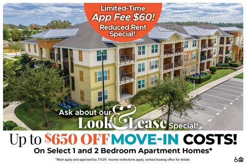 An apartment complex advertises a limited-time app fee of $60 and a move-in cost special of up to $650 off.