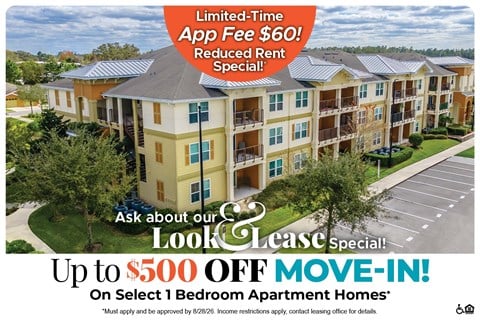 An advertisement for a lease special offering up to $500 off on select 1 bedroom apartment homes.