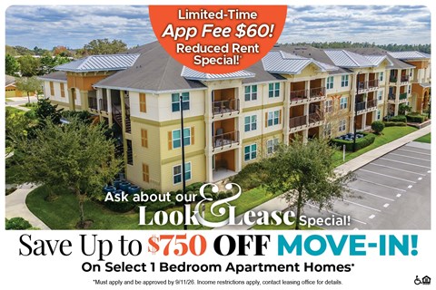 An apartment complex advertises a limited-time app fee reduction and a move-in special.