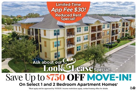 Save Up to $750 Off Move-In Costs on Select 1 and 2 Bedroom Apartment Homes* Ask About our Look and Lease Special!