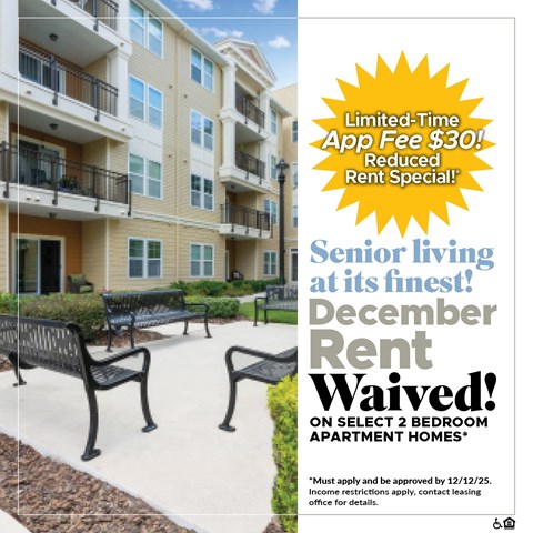 A promotional image for senior living with a special December rent waiver offer.