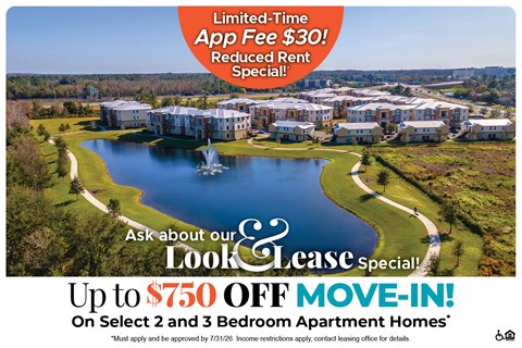 A promotional image for a lease special offering up to $750 off on select 2 and 3 bedroom apartment homes.