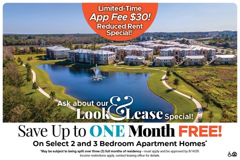 A promotional image for a leasing special offering a free month's rent on select 2 and 3 bedroom apartment homes.