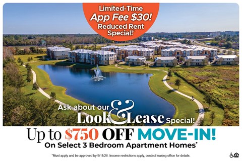 A promotional image for a housing complex with a special lease offer.