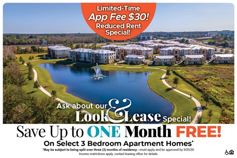 A promotional image for a limited-time app fee offer and a free one-month lease on select 3 bedroom apartment homes.