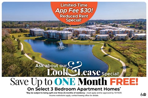 Save Up One Month Free on Select 3 Bedroom Apartment Homes* Ask About our Look and Lease Special!