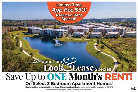 Save Up to One Month's Rent on Select 3 Bedroom Apartment Homes* Ask About our Look and Lease Special!