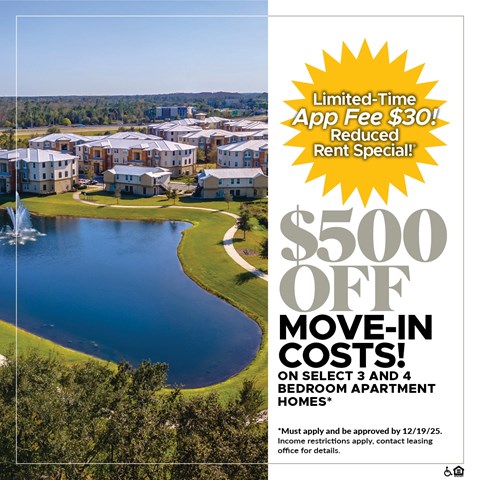 A promotional image for a $500 off move-in costs offer for select bedroom apartment homes.