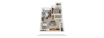 A 3D floor plan of a small apartment with a kitchen, living room, and bedroom.