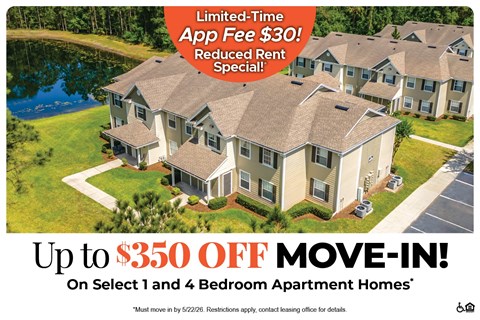 An advertisement for a limited-time app fee reduction and move-in special for select 1 and 4 bedroom apartment homes.