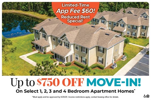 An advertisement for a limited-time app fee reduction and move-in special for select bedroom apartment homes.