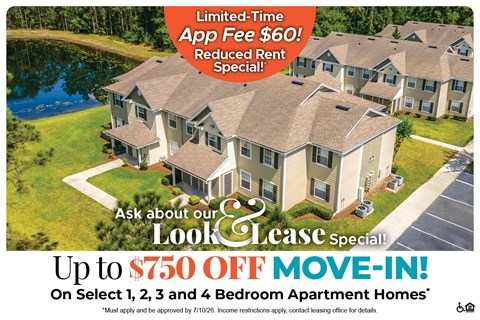 An advertisement for a limited-time app fee reduction and move-in special for apartment homes.