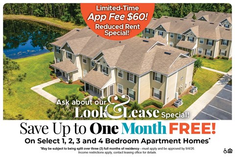 An advertisement for a limited-time app fee special offering reduced rent for select apartment homes.