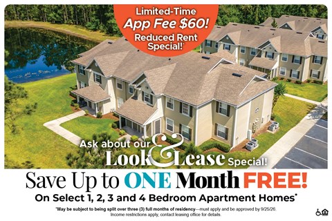 A housing advertisement offering a limited-time app fee discount and a free month for select apartment homes.